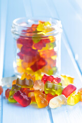 Jelly gummy bears candy. Colorful sweet confectionery.
