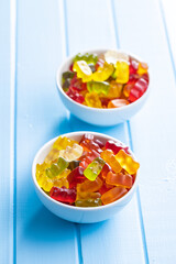 Jelly gummy bears candy. Colorful sweet confectionery.