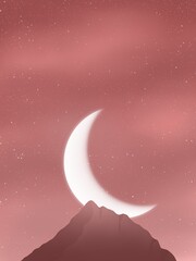 Fototapeta na wymiar Illustration of red sky with mountain and big moon