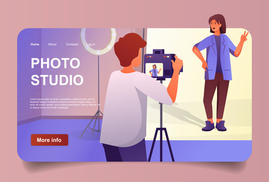 Photo studio concept in cartoon design for landing page. Woman model posing for photographer. Man with photo camera makes creative shooting in studio. Vector illustration with people for web homepage