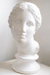 Obraz premium Gypsum bust of ancient statue human head for artists on a light background.