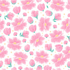 Fototapeta premium Embroidery seamless pattern with colorful flowers, leaves and berries on black background. Fashion design for fabric, textile, wrapping paper. Fancywork print. Vector illustration