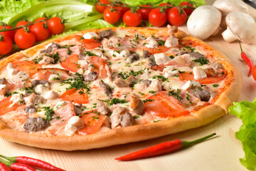 Delicious fresh pizza served on wooden table