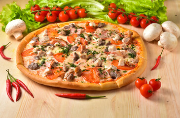 Delicious fresh pizza served on wooden table