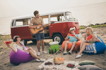 Photo of carefree youngster people enjoy picnic man guitar performance wear boho outfit nature seaside beach outside
