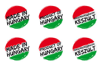 Made in Hungary - A sticker label with text and a flag which indicates the country of origin or manufacture. Round vector stamp in grunge style.