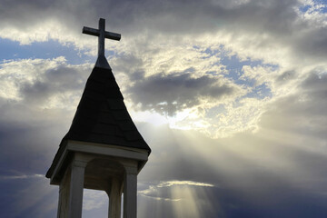 rural chapel steeple heavenly sky sunbeams church symbol worship pray religious spiritual god hope...
