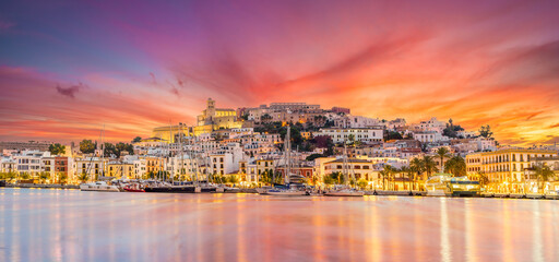Landscape with Eivissa town at twilight time, Ibiza island, Spain - 497136090