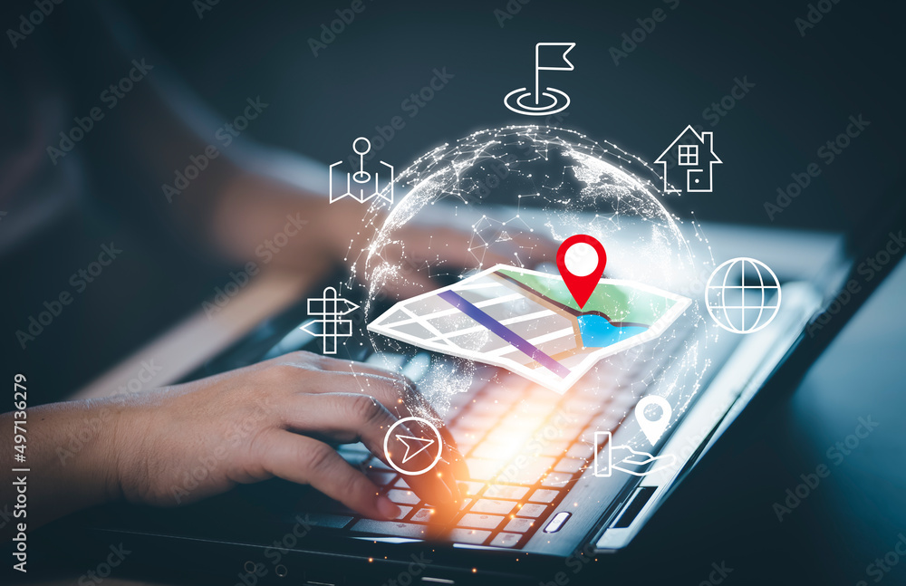 Poster tablet and navigation virtual world and model map with location point , gps app, icon travel maps an