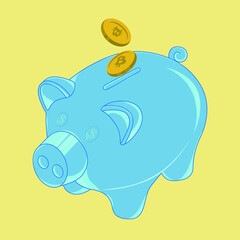 Pig-shaped crystal purse, bitcoin coins falling into it.