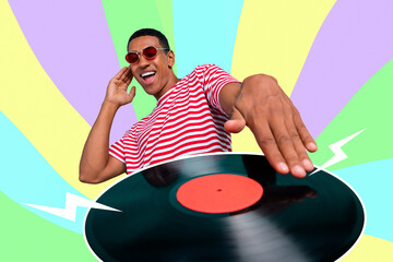 Funky stylish trend cartoon photo of amazing deejay guy playing old school record retro student...