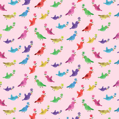 Fototapeta premium Cute little birds carrying flowers seamless pattern on light pink background. Can be used for fabric, textile, home décor and greeting cards 