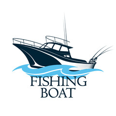 Fishing boat with fishing rods on the wave. Sport fishing and hobby symbol