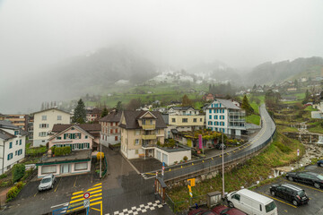 Fototapeta premium Gersau town in central Switzerland in cold snowy evening