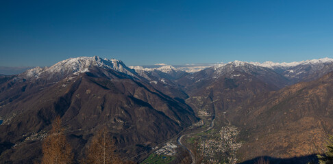 Cardada panoramic view over Maggiore blue lake in spring sunny morning