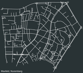 Detailed negative navigation white lines urban street roads map of the MAXFELD DISTRICT of the German regional capital city of Nuremberg, Germany on dark gray background