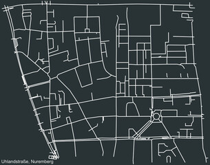 Detailed negative navigation white lines urban street roads map of the UHLANDSTRAßE DISTRICT of the German regional capital city of Nuremberg, Germany on dark gray background