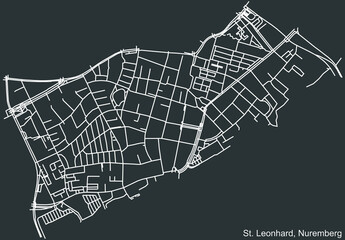 Detailed negative navigation white lines urban street roads map of the ST. LEONHARD DISTRICT of the German regional capital city of Nuremberg, Germany on dark gray background
