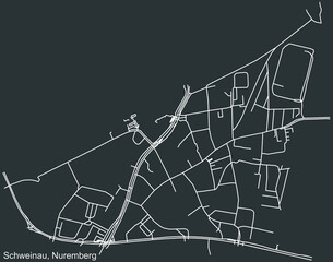 Detailed negative navigation white lines urban street roads map of the SCHWEINAU DISTRICT of the German regional capital city of Nuremberg, Germany on dark gray background