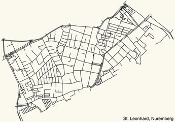 Detailed navigation black lines urban street roads map of the ST. LEONHARD DISTRICT of the German regional capital city of Nuremberg, Germany on vintage beige background