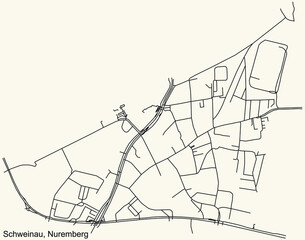 Detailed navigation black lines urban street roads map of the SCHWEINAU DISTRICT of the German regional capital city of Nuremberg, Germany on vintage beige background
