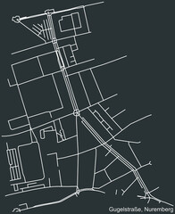 Detailed negative navigation white lines urban street roads map of the GUGELSTRAßE DISTRICT of the German regional capital city of Nuremberg, Germany on dark gray background