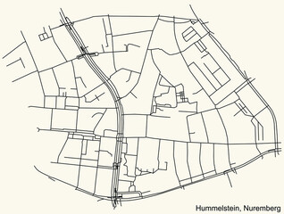 Detailed navigation black lines urban street roads map of the HUMMELSTEIN DISTRICT of the German regional capital city of Nuremberg, Germany on vintage beige background