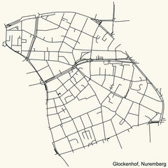 Detailed navigation black lines urban street roads map of the GLOCKENHOF DISTRICT of the German regional capital city of Nuremberg, Germany on vintage beige background