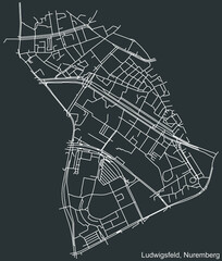 Detailed negative navigation white lines urban street roads map of the LUDWIGSFELD DISTRICT of the German regional capital city of Nuremberg, Germany on dark gray background