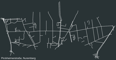 Detailed negative navigation white lines urban street roads map of the PIRCKHEIMERSTRAßE DISTRICT of the German regional capital city of Nuremberg, Germany on dark gray background