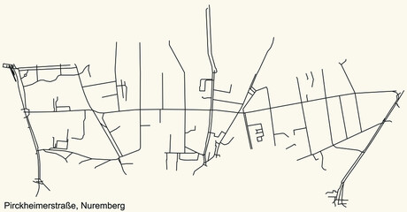 Detailed navigation black lines urban street roads map of the PIRCKHEIMERSTRAßE DISTRICT of the German regional capital city of Nuremberg, Germany on vintage beige background