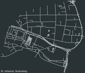 Detailed negative navigation white lines urban street roads map of the ST. JOHANNIS  DISTRICT of the German regional capital city of Nuremberg, Germany on dark gray background