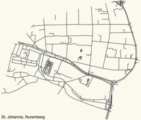 Detailed navigation black lines urban street roads map of the ST. JOHANNIS DISTRICT of the German regional capital city of Nuremberg, Germany on vintage beige background