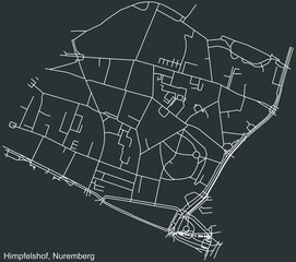 Detailed negative navigation white lines urban street roads map of the HIMPFELSHOF DISTRICT of the German regional capital city of Nuremberg, Germany on dark gray background