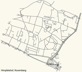 Detailed navigation black lines urban street roads map of the HIMPFELSHOF DISTRICT of the German regional capital city of Nuremberg, Germany on vintage beige background