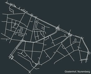 Detailed negative navigation white lines urban street roads map of the GOSTENHOF DISTRICT of the German regional capital city of Nuremberg, Germany on dark gray background