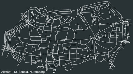 Detailed negative navigation white lines urban street roads map of the ALTSTADT, ST. SEBALD DISTRICT of the German regional capital city of Nuremberg, Germany on dark gray background