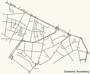 Detailed navigation black lines urban street roads map of the GOSTENHOF DISTRICT of the German regional capital city of Nuremberg, Germany on vintage beige background