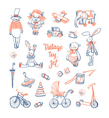 A set of hand-drawn vintage toys on a white background. Doll, teddy bear, rabbit, elephant, car, airplane, pyramid, whirligig, stroller, scooter, bicycle. Cute baby style. Stock vector illustration.