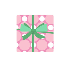 Gift box. Polka dots pink present box with green bow. Flat, vector