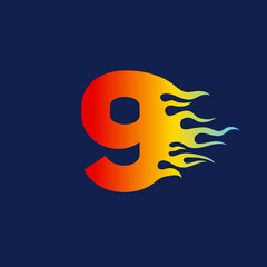 Number Nine 9 icon with fire flames in a vibrant gradient color. Numeric logo burning with fast flame effect.