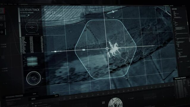 Scanning of the last known coordinates of the enemy. Scanning the coordinates territory and identifying the drawing on the ground. Scan of the coordinates finds a pattern in a form of a horse. UI.