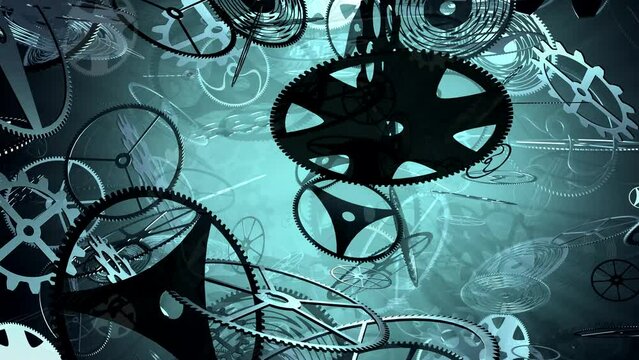 Clockwork exploding in slow motion. Time collapse. Metallic gears without function. Disordered elements. 3D endless loop animation