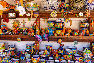 Variety of Colorfull Mexican Traditional Souvenirs at Market in Mexico.