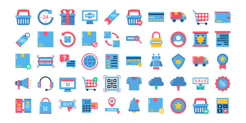 Set of flat shopping and ecommerce icon set. Big Сollection of web icons for online store, such as discounts, delivery, contacts, payment, app store, location, shopping cart. Editable vector