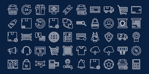 Set of ouline shopping and ecommerce icon set. Big Сollection of web icons for online store, such as discounts, delivery, contacts, payment, app store, location, shopping cart. Editable vector