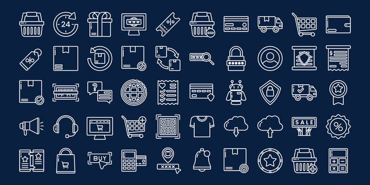 Set of ouline shopping and ecommerce icon set. Big Сollection of web icons for online store, such as discounts, delivery, contacts, payment, app store, location, shopping cart. Editable vector