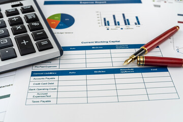 Obraz premium Annual financial document data charts with calculator pen on desk