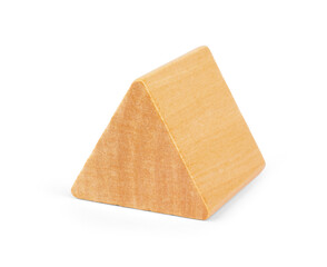 Photo of a wooden toy children's sorter with small wooden details in the form of geometric shapes (rectangle, square, circle, triangle), in different colors on a white isolated background