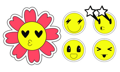 Retro stile emoji flower faces set vector illustration